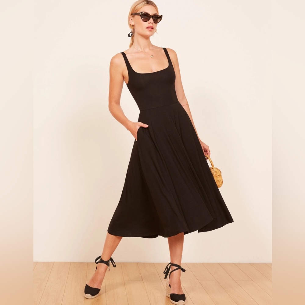 Reformation Black Midi Dress with pockets! Roy knit dress